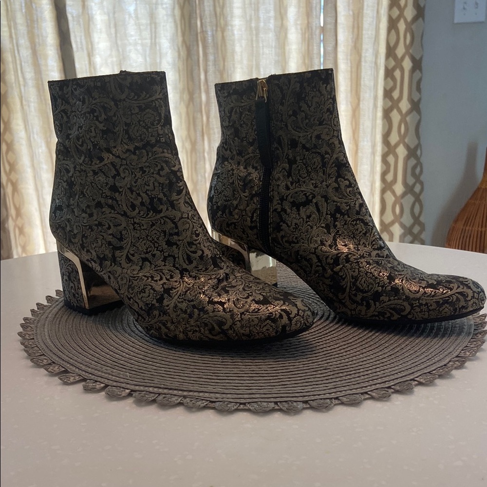 Dkny Black and Gold Ankle Booties with Baroque Pattern